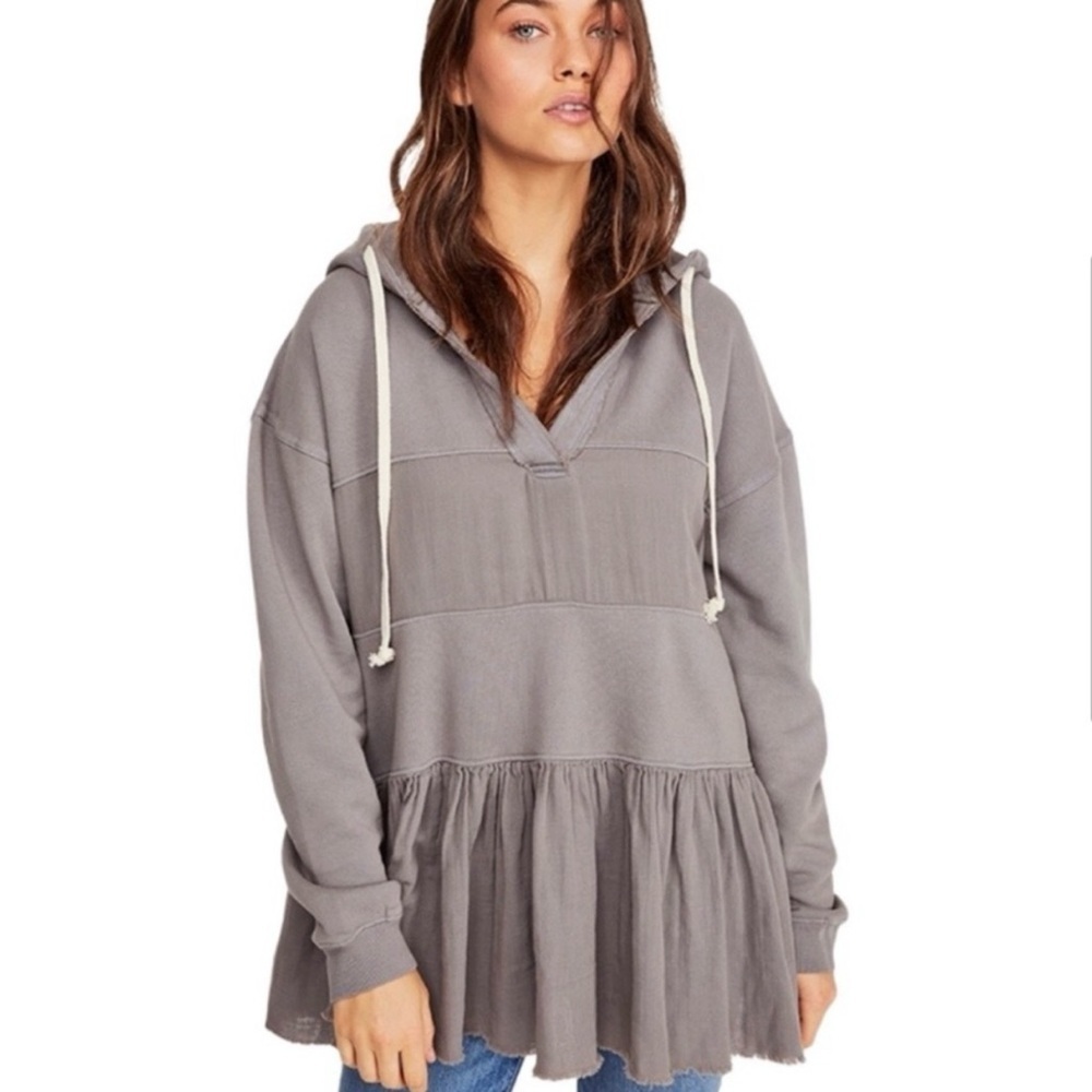 Free People Sail Away Hoodie Women’s Size S Ruffle Tiered Gauzy Gray